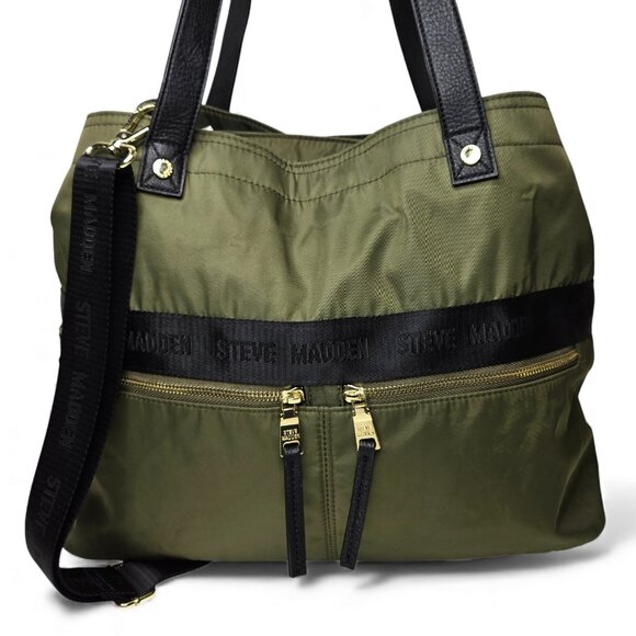 Steve Madden Gym Bag Women Nylon Gold Trim Olive Green Chunky Zip Shoulder Strap - Picture 1 of 12